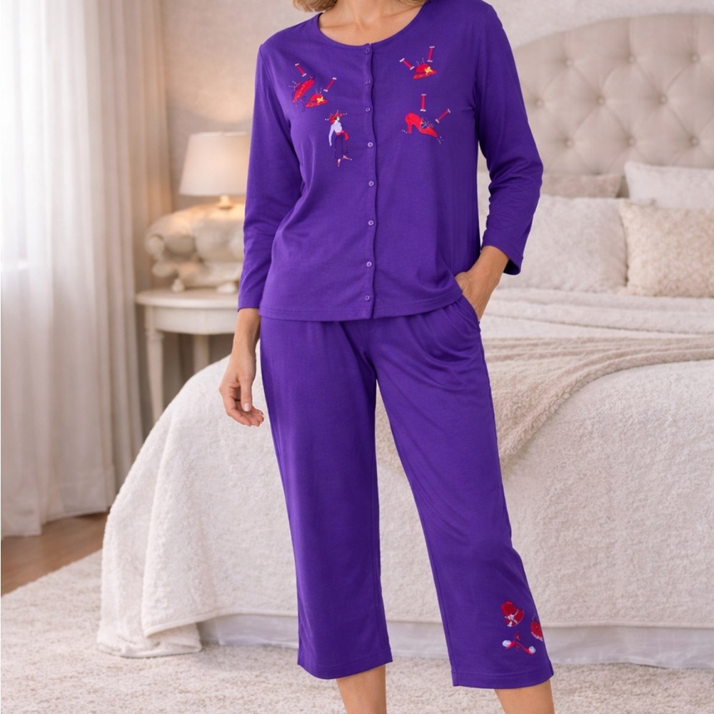 Vintage Purple Embroidered Matching Set Women’s Loungewear Pajama Top Pants